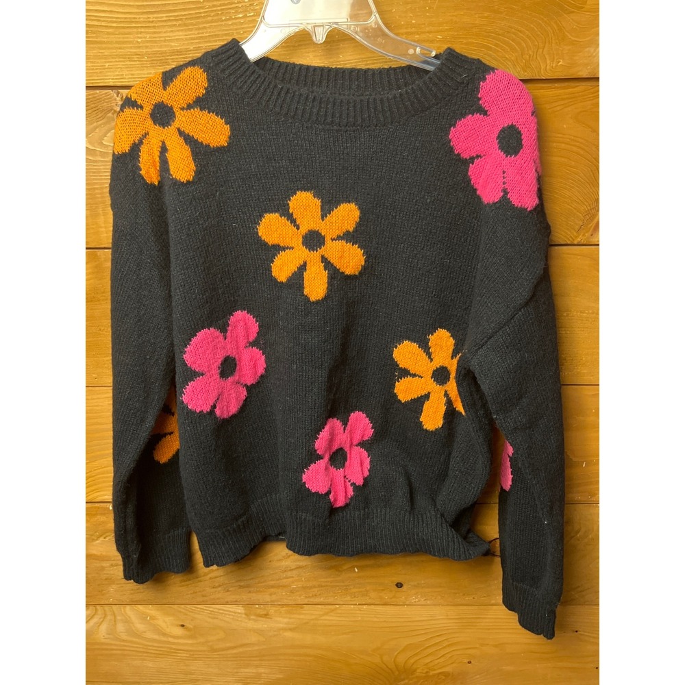 Black Floral Knit Sweater‎ XL Orange Pink Flower Power Pullover 100% Polyester